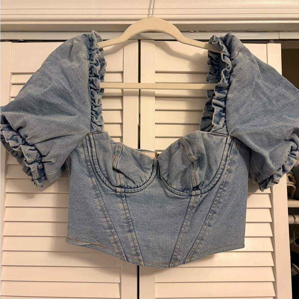 House of CB Light Blue Denim Puff-Sleeve Corset Crop Top